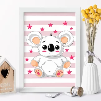 4226g1 quadro decorativo infantil ursinho coala com estrelas rosa realista