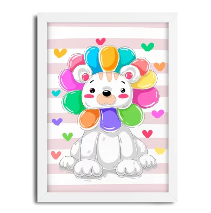 4226g3 quadro decorativo infantil leãozinho e corações coloridos moldura branca