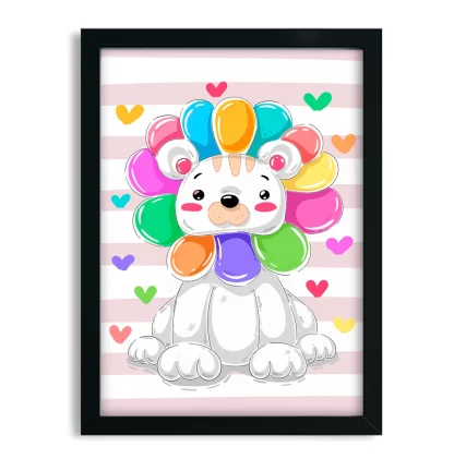 4226g3 quadro decorativo infantil leãozinho e corações coloridos moldura preta