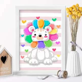 4226g3 quadro decorativo infantil leãozinho e corações coloridos realista