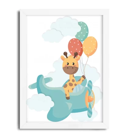 4228g quadro decorativo infantil girafinha em avião com balões moldura branca