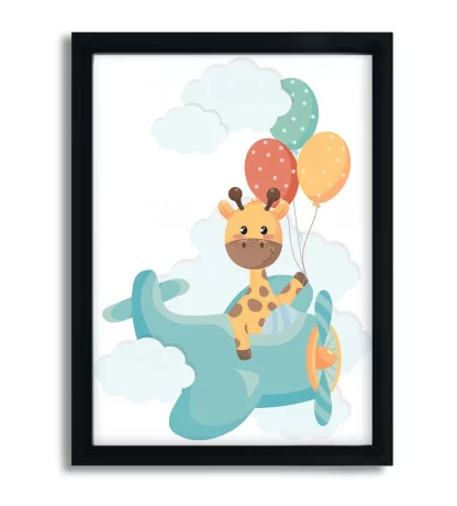 4228g quadro decorativo infantil girafinha em avião com balões moldura preta