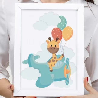 4228g quadro decorativo infantil girafinha em avião com balões realista
