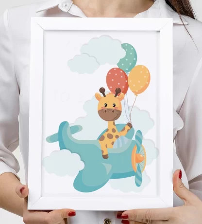 4228g quadro decorativo infantil girafinha em avião com balões realista