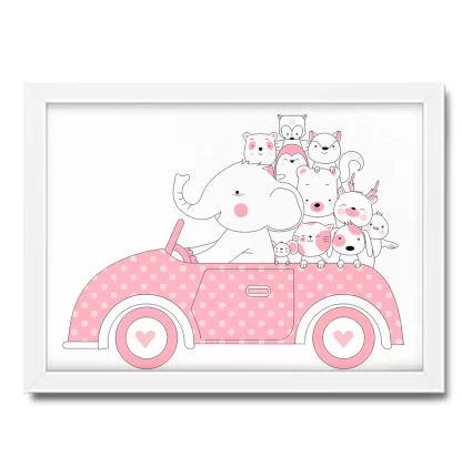 4229g quadro decorativo infantil elefantinho e amiguinhos em carrinho rosa moldura branca