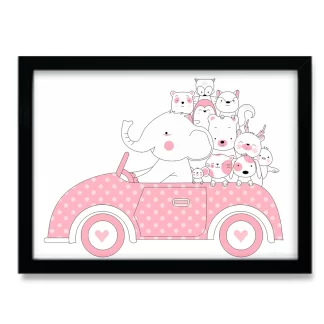4229g quadro decorativo infantil elefantinho e amiguinhos em carrinho rosa moldura preta