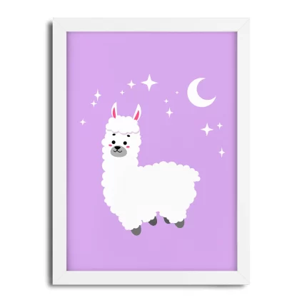 4230g1 quadro decorativo infantil alpaca com estrelas lilás moldura branca