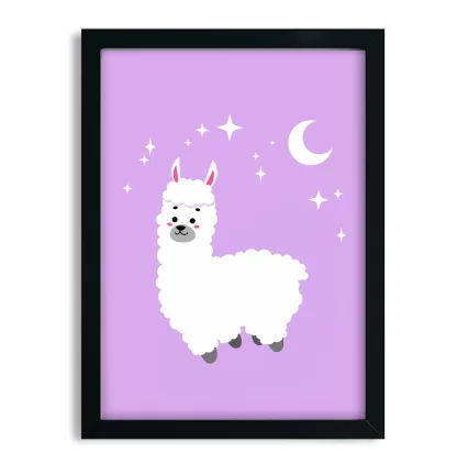 4230g1 quadro decorativo infantil alpaca com estrelas lilás moldura preta
