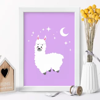 4230g1 quadro decorativo infantil alpaca com estrelas lilás realista