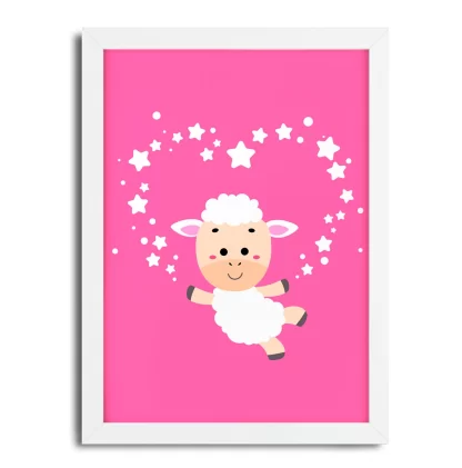 4230g2 quadro decorativo infantil carneirinho com estrelas pink moldura branca