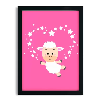 4230g2 quadro decorativo infantil carneirinho com estrelas pink moldura preta