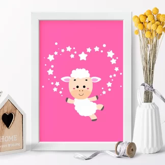 4230g2 quadro decorativo infantil carneirinho com estrelas pink realista