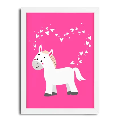 4230g3 quadro decorativo infantil cavalinho com corações pink moldura branca