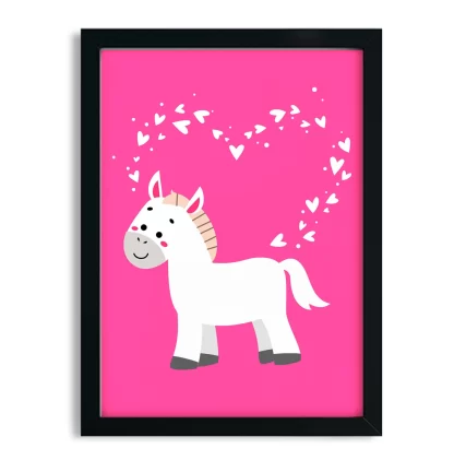 4230g3 quadro decorativo infantil cavalinho com corações pink moldura preta