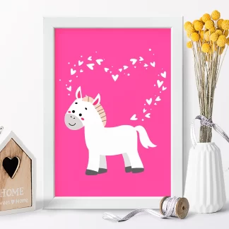 4230g3 quadro decorativo infantil cavalinho com corações pink realista