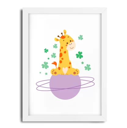 4231g3 quadro decorativo infantil girafinha em planeta lilás moldura branca