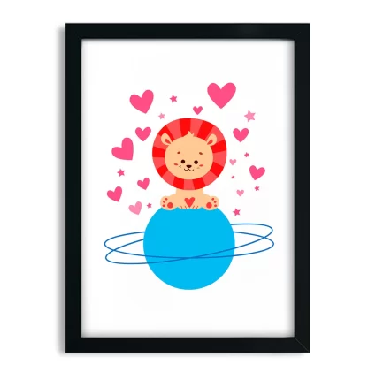 4231g4 quadro decorativo infantil leãozinho em planeta azul e corações moldura preta