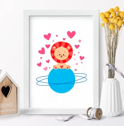 4231g4 quadro decorativo infantil leãozinho em planeta azul e corações realista