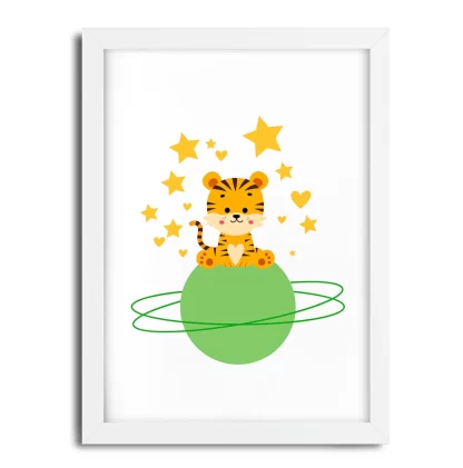 4231g6 quadro decorativo infantil tigrinho em planeta verde e estrelas moldura branca