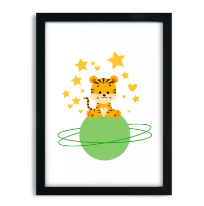 4231g6 quadro decorativo infantil tigrinho em planeta verde e estrelas moldura preta