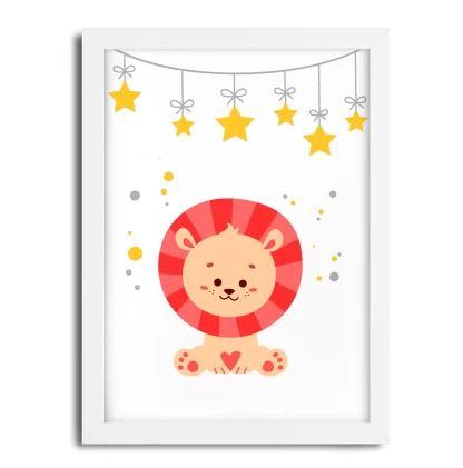 4232g3 quadro decorativo infantil leãozinho com estrelas moldura branca