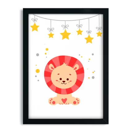 4232g3 quadro decorativo infantil leãozinho com estrelas moldura preta