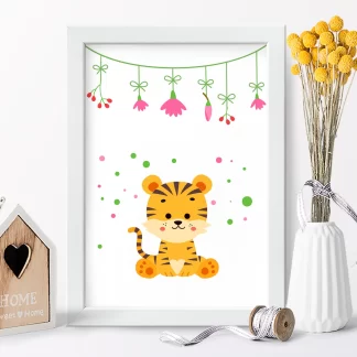 4232g6 quadro decorativo infantil tigre com bolinhas verdes e lilás realista