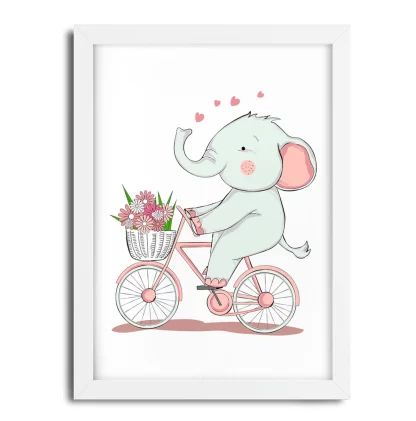 4241g Quadro Decorativo Infantil Elefantinho de Bicicleta com Flores Moldura Branca