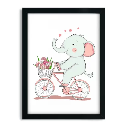 4241g Quadro Decorativo Infantil Elefantinho de Bicicleta com Flores Moldura Preta