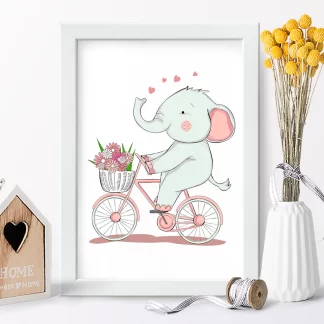 4241g Quadro Decorativo Infantil Elefantinho de Bicicleta com Flores realista