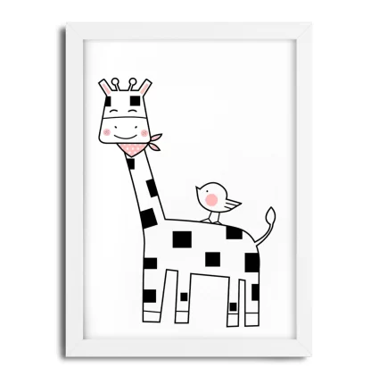 4252g3 Quadro Decorativo Infantil Girafinha com Passarinho moldura branca