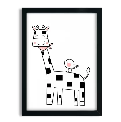 4252g3 Quadro Decorativo Infantil Girafinha com Passarinho moldura preta