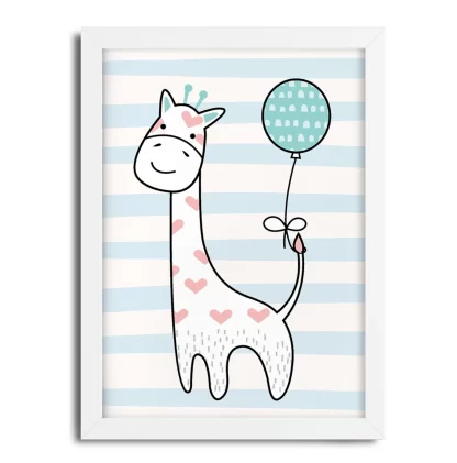 4252g5 quadro decorativo infantil girafinha com balão azul moldura branca