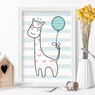 4252g5 quadro decorativo infantil girafinha com balão azul realista