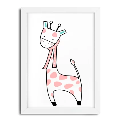4252g6 Quadro Decorativo Infantil Girafinha com Cachecol Branca e Rosa Moldura Branca