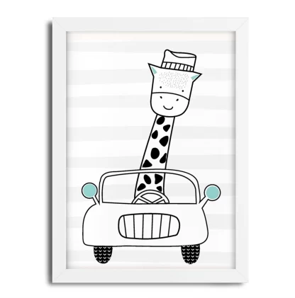 4252g8 Quadro Decorativo Infantil Girafinha em Carrinho moldura branca