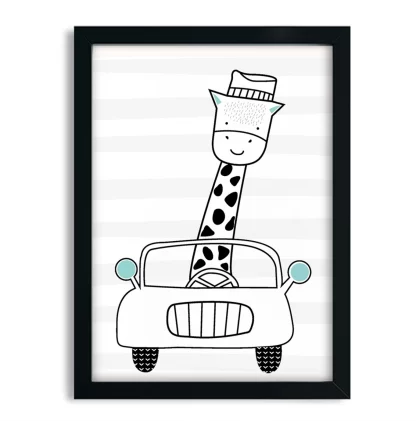 4252g8 Quadro Decorativo Infantil Girafinha em Carrinho moldura preta
