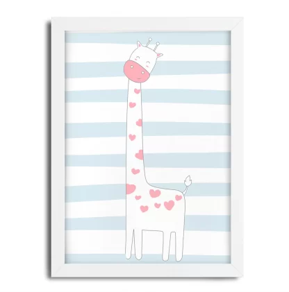 4275g Quadro Decorativo Infantil Girafinha Azul e Rosa com Corações moldura branca