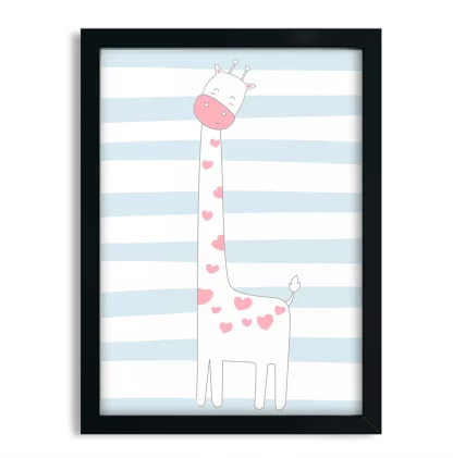 4275g Quadro Decorativo Infantil Girafinha Azul e Rosa com Corações moldura preta