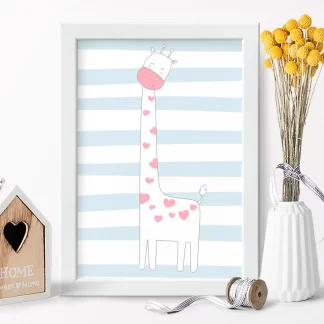4275g Quadro Decorativo Infantil Girafinha Azul e Rosa com Corações realista