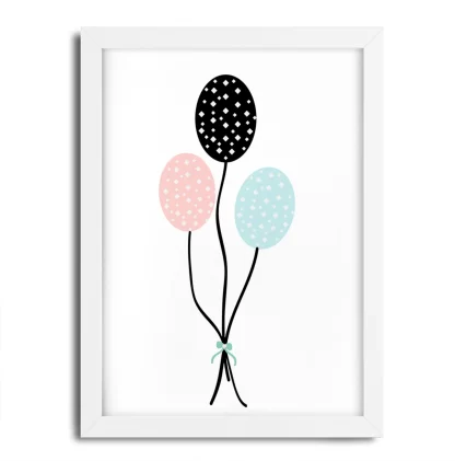 4284g3 Quadro Decorativo com Balões Rosa Preto e Azul moldura branca