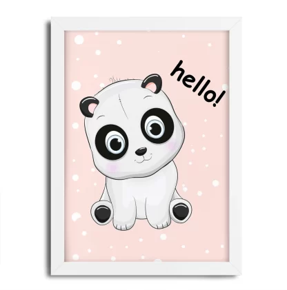 4289g2 Quadro Decorativo Infantil Ursinho Panda Baby Hello Rosa Moldura Branca