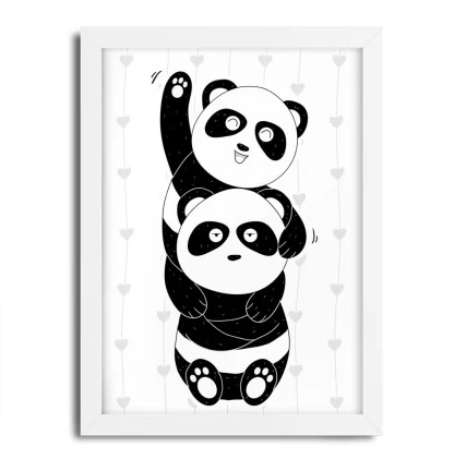 4290g Quadro Decorativo Infantil Ursinho Panda Baby e Corações moldura branca