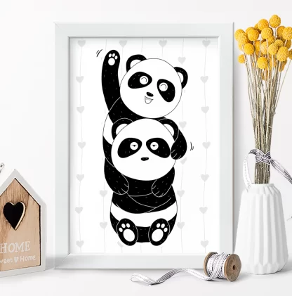 4290g Quadro Decorativo Infantil Ursinho Panda Baby e Corações realista
