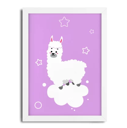 4306g1 Quadro Decorativo Infantil Alpaca em Nuvem com Estrelas Lilás moldura branca