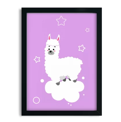 4306g1 Quadro Decorativo Infantil Alpaca em Nuvem com Estrelas Lilás moldura preta