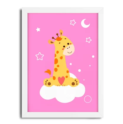 4306g3 Quadro Decorativo Infantil Girafinha com Nuvem Estrelas e Lua moldura branca