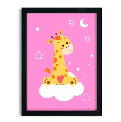 4306g3 Quadro Decorativo Infantil Girafinha com Nuvem Estrelas e Lua moldura preta