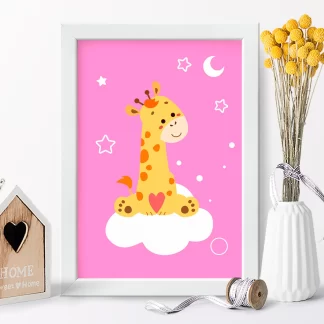4306g3 Quadro Decorativo Infantil Girafinha com Nuvem Estrelas e Lua realista