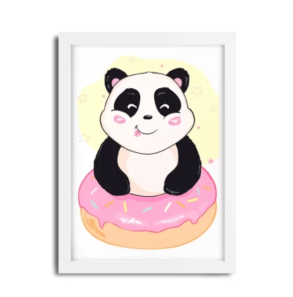 4309g2 Quadro Decorativo Infantil Ursinho Panda com Donuts moldura branca